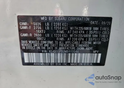 2021 Subaru Outback Touring z USA, uszkodzony, nr VIN 4S4BTGPD2M3113546